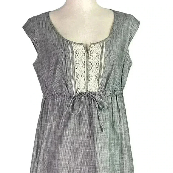 Eddie Bauer Dress Women 10 Gray Striped Drawstring Cotton Lace Sleeveless Casual - Picture 2 of 7